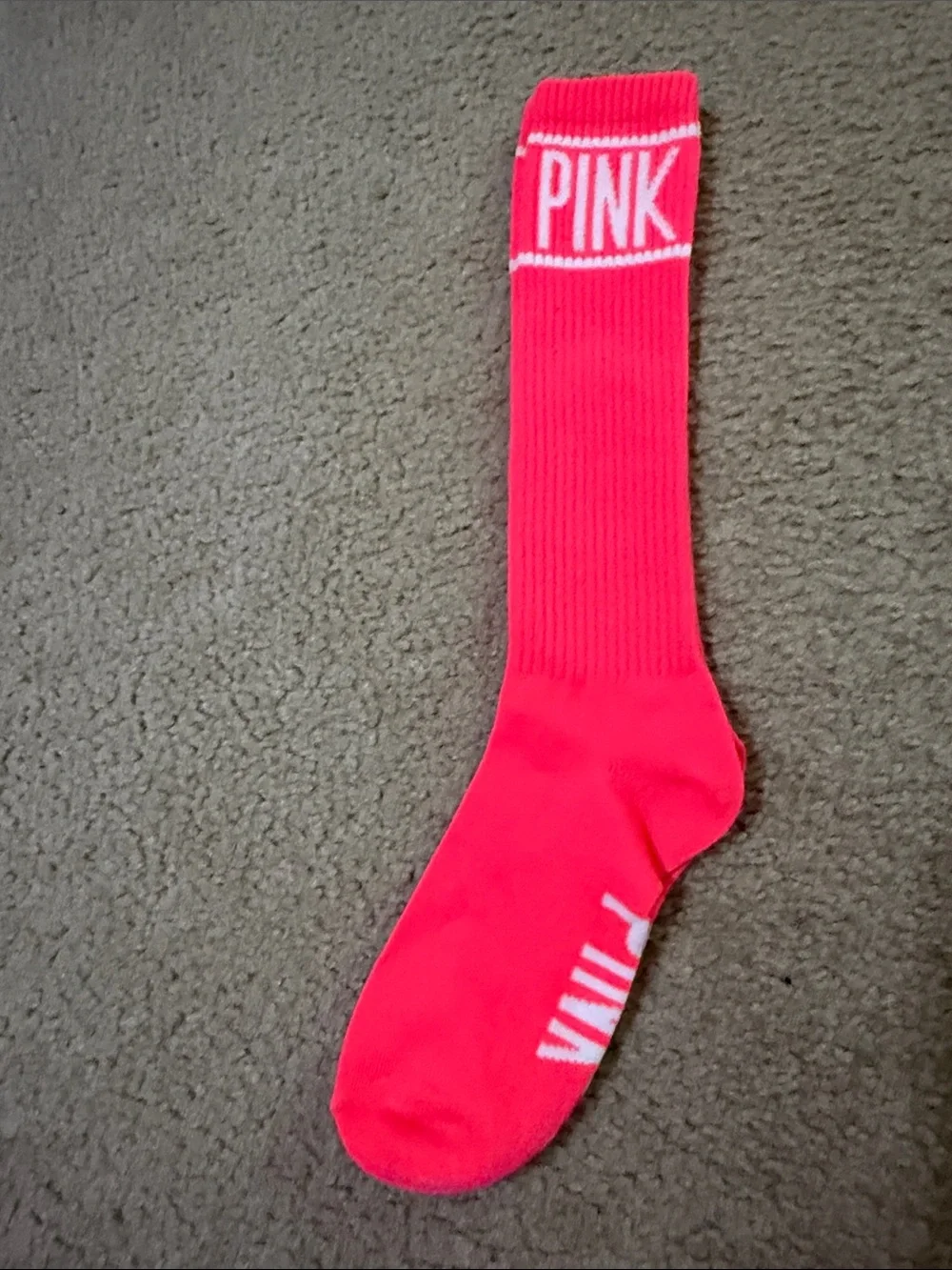 PINK Victoria's Secret Neon Coral Athletic Crew Socks with White Logo